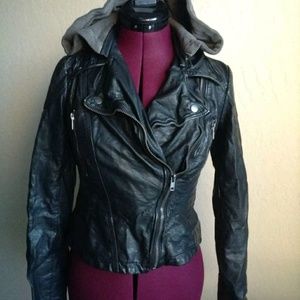 Free people faux leather jacket with hood.